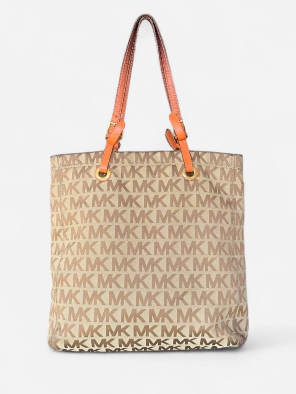 Michael Kors Monogram Beige Canvas Tote with Orange Leather Straps